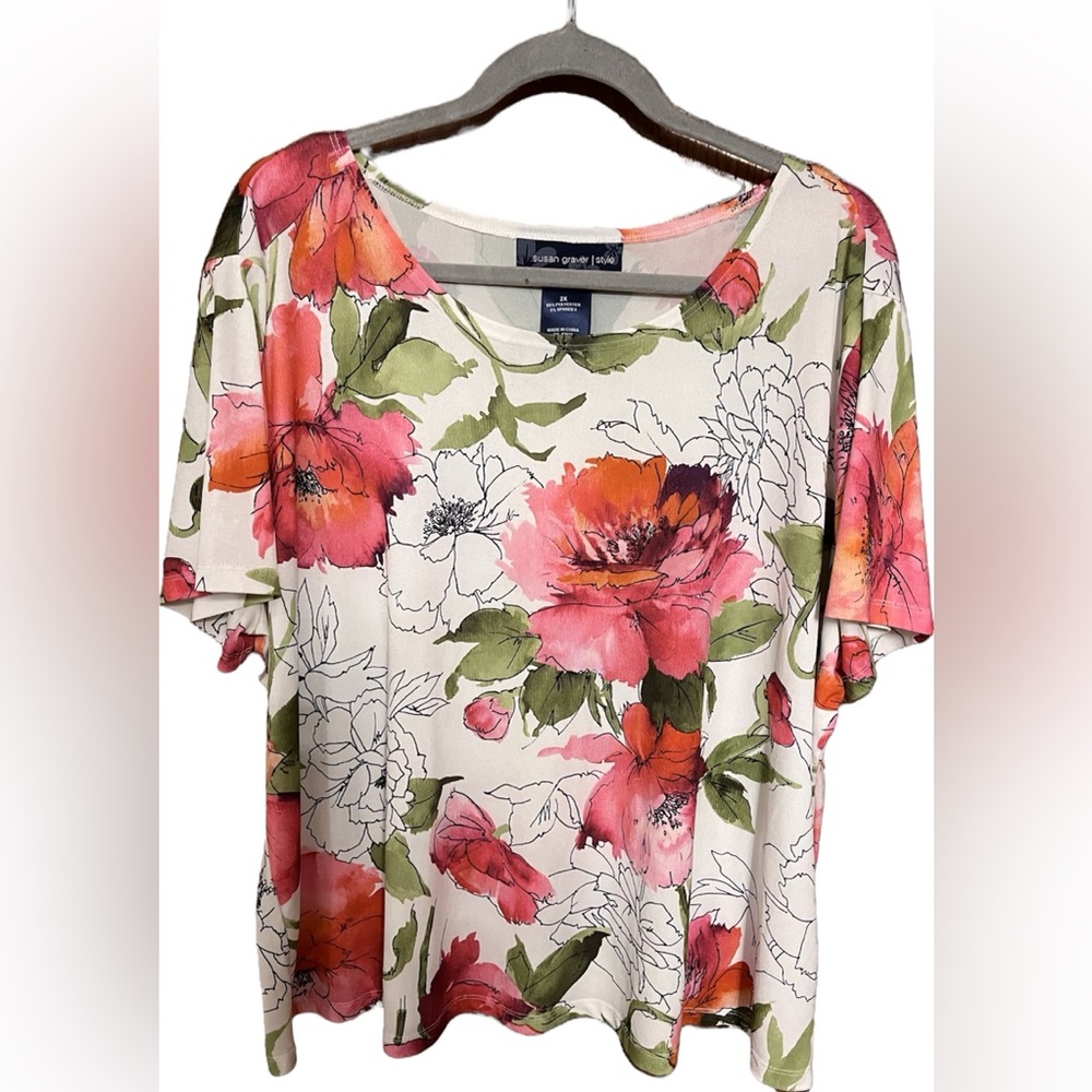 Susan Graver Pink & White Stretchy Knit Floral Print SS Women's Top Size 2X
